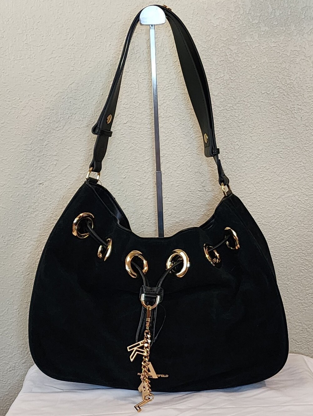 Karl Lagerfeld Paris Desiree Hobo Black Suede Shoulder with Gold Hardware New